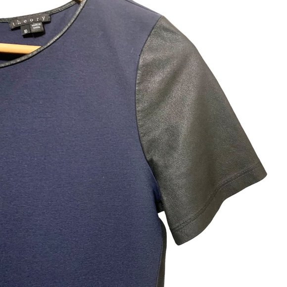 Theory Leilana Leather Trim Shift Dress Womens 10 Navy Blue Black Leather - Picture 4 of 10